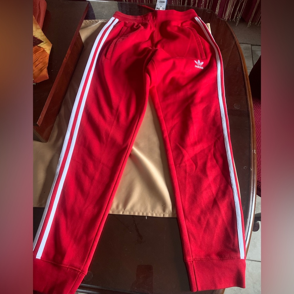 NWT Adidas Kids Red Joggers with White Stripes